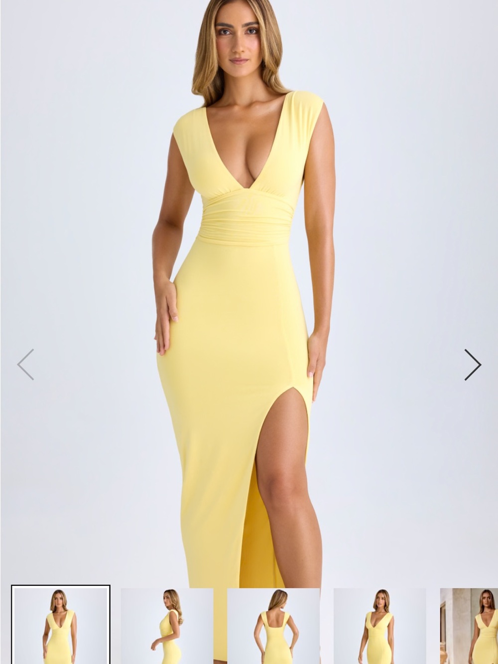 OH POLLY Modal Plunge-Neck Thigh-Split Maxi Dress in Lemon Sherbet